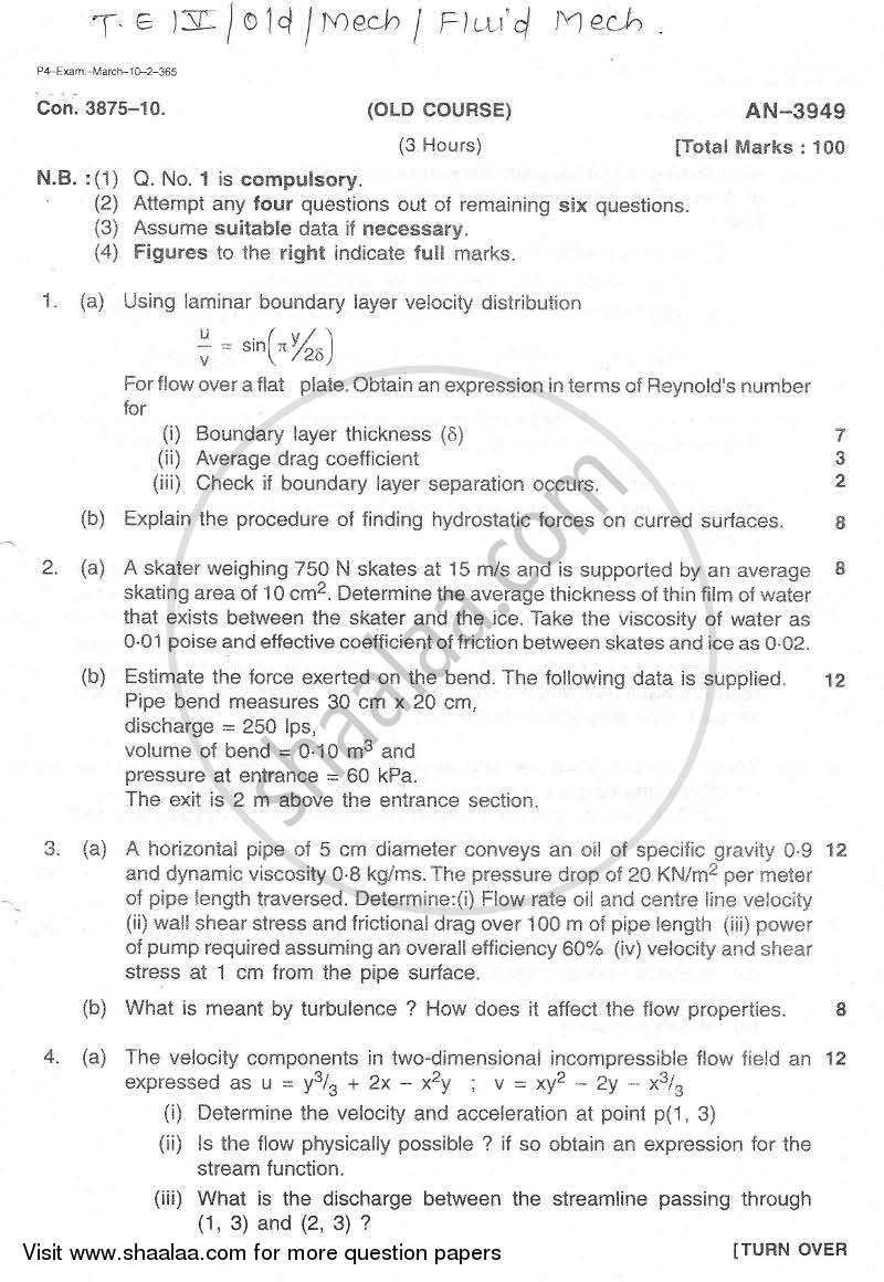 Fluid Mechanics 2009-2010 - B.E. - Semester 5 (TE Third Year) - University of Mumbai question paper with PDF download