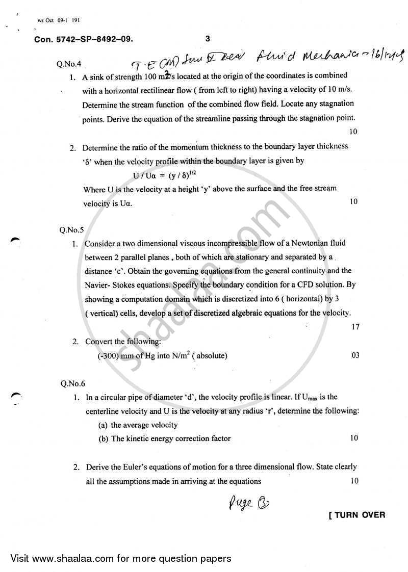Fluid Mechanics 2009-2010 - B.E. - Semester 5 (TE Third Year) - University of Mumbai question paper with PDF download