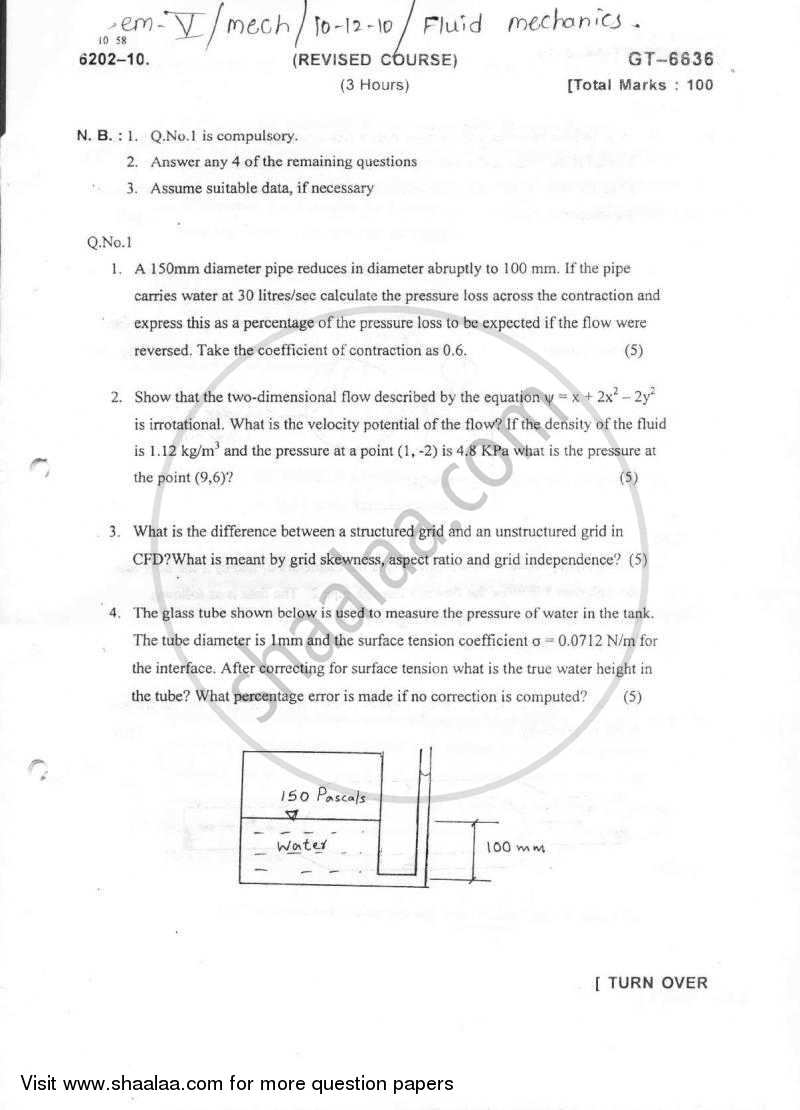 Fluid Mechanics 2010-2011 - B.E. - Semester 5 (TE Third Year) - University of Mumbai question paper with PDF download