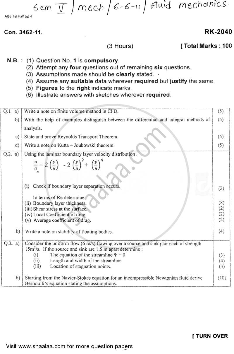 Fluid Mechanics 2010-2011 - B.E. - Semester 5 (TE Third Year) - University of Mumbai question paper with PDF download