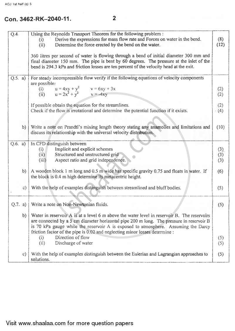 Fluid Mechanics 2010-2011 - B.E. - Semester 5 (TE Third Year) - University of Mumbai question paper with PDF download