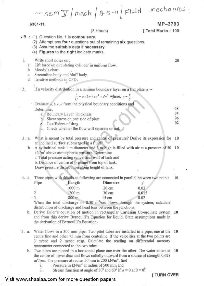 Fluid Mechanics 2011-2012 - B.E. - Semester 5 (TE Third Year) - University of Mumbai question paper with PDF download