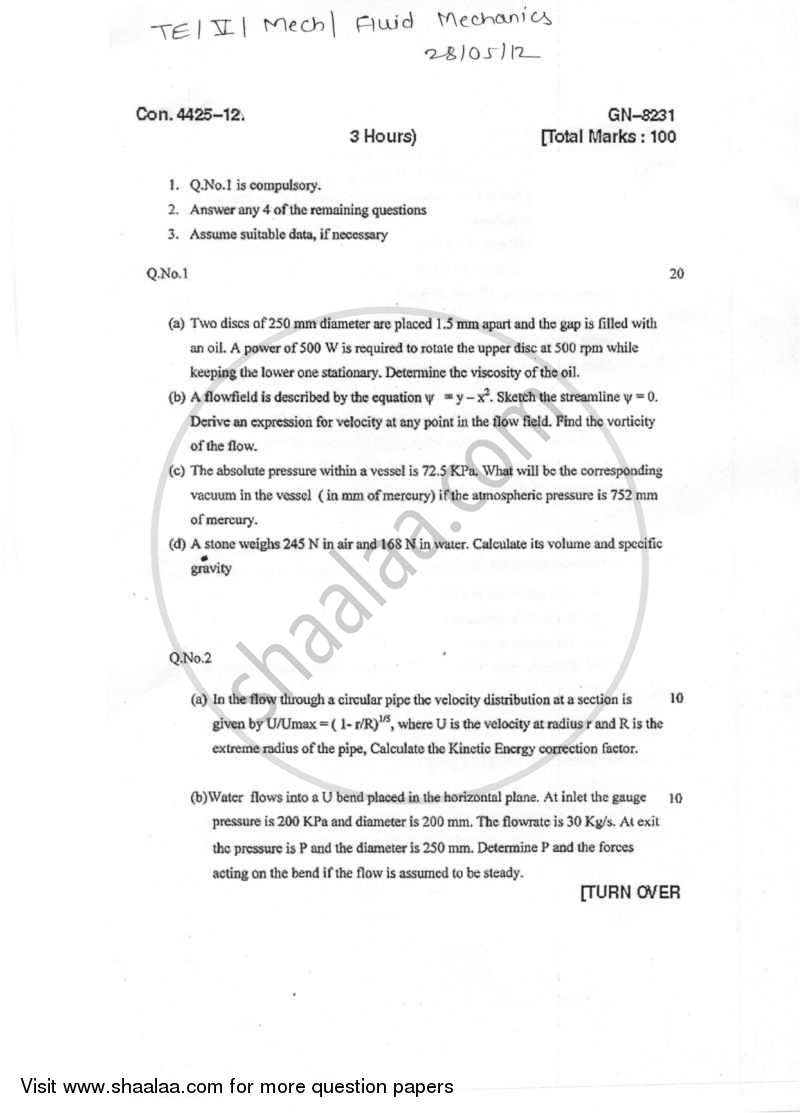 Fluid Mechanics 2011-2012 - B.E. - Semester 5 (TE Third Year) - University of Mumbai question paper with PDF download