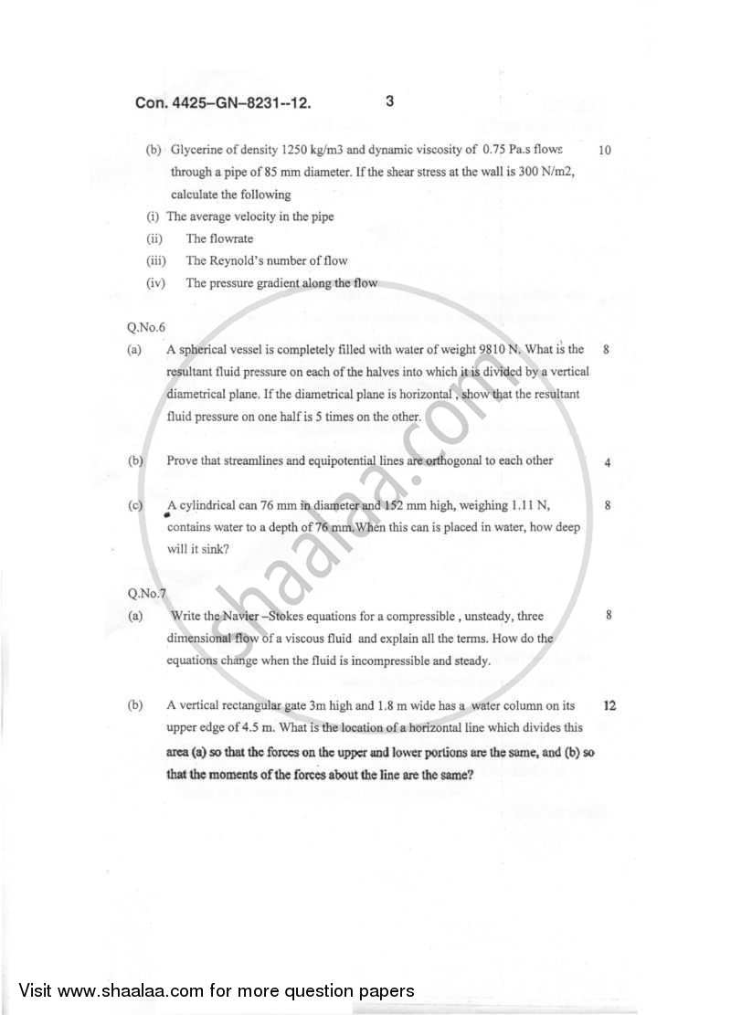 Fluid Mechanics 2011-2012 - B.E. - Semester 5 (TE Third Year) - University of Mumbai question paper with PDF download