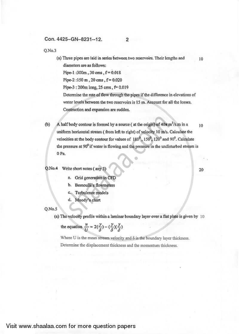 Fluid Mechanics 2011-2012 - B.E. - Semester 5 (TE Third Year) - University of Mumbai question paper with PDF download