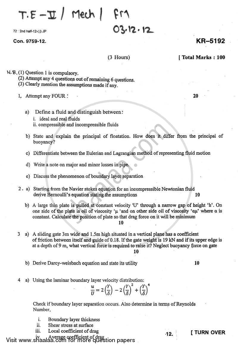 Fluid Mechanics 2012-2013 - B.E. - Semester 5 (TE Third Year) - University of Mumbai question paper with PDF download