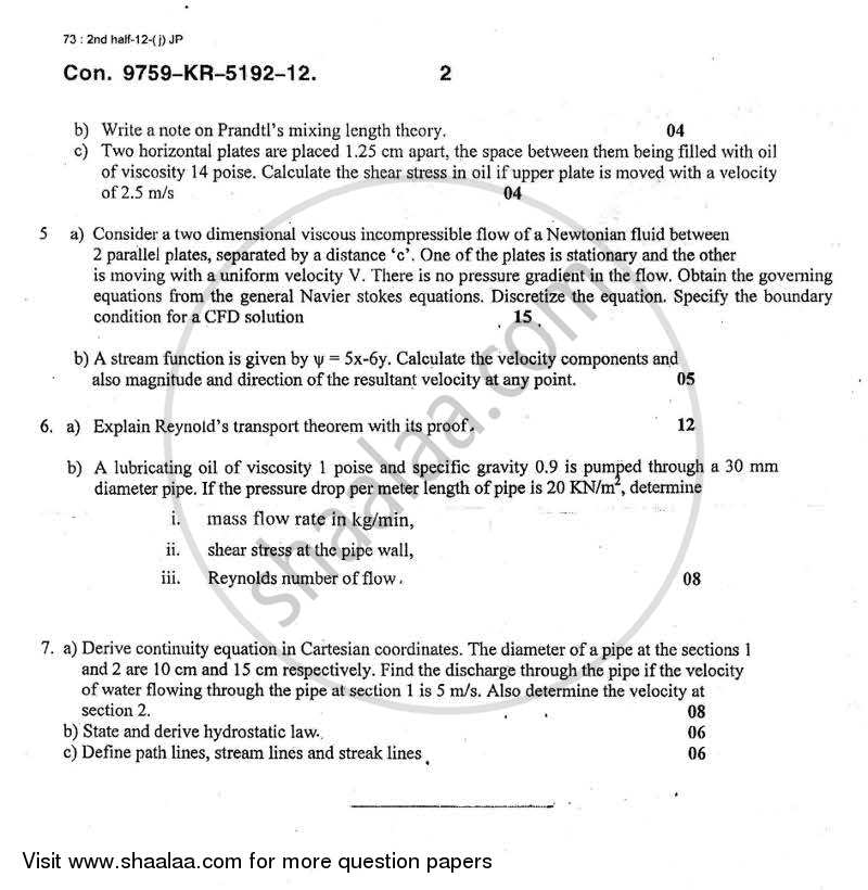 Fluid Mechanics 2012-2013 - B.E. - Semester 5 (TE Third Year) - University of Mumbai question paper with PDF download