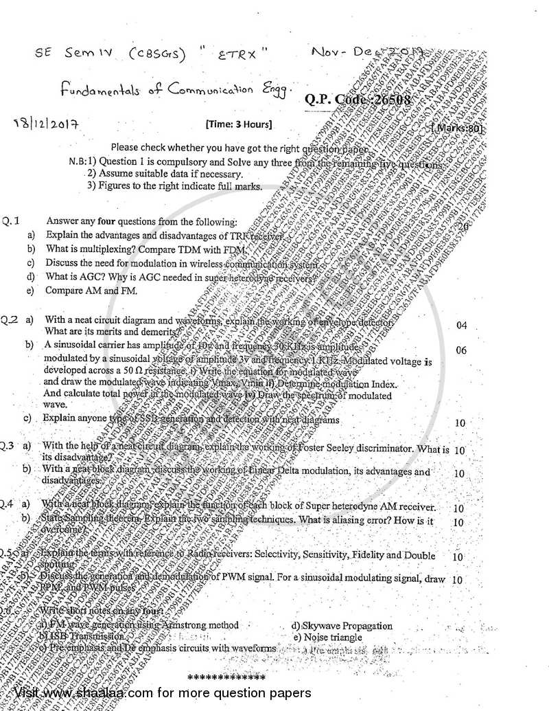 Fundamentals of Communation Engineering 2017-2018 - B.E. - Semester 4 (SE Second Year) - University of Mumbai question paper with PDF download