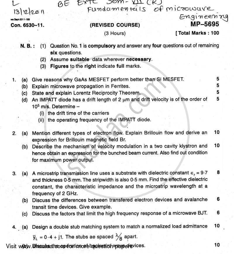 Fundamentals of Microwave Engineering 2011-2012 - B.E. - Semester 7 (BE Fourth Year) - University of Mumbai question paper with PDF download