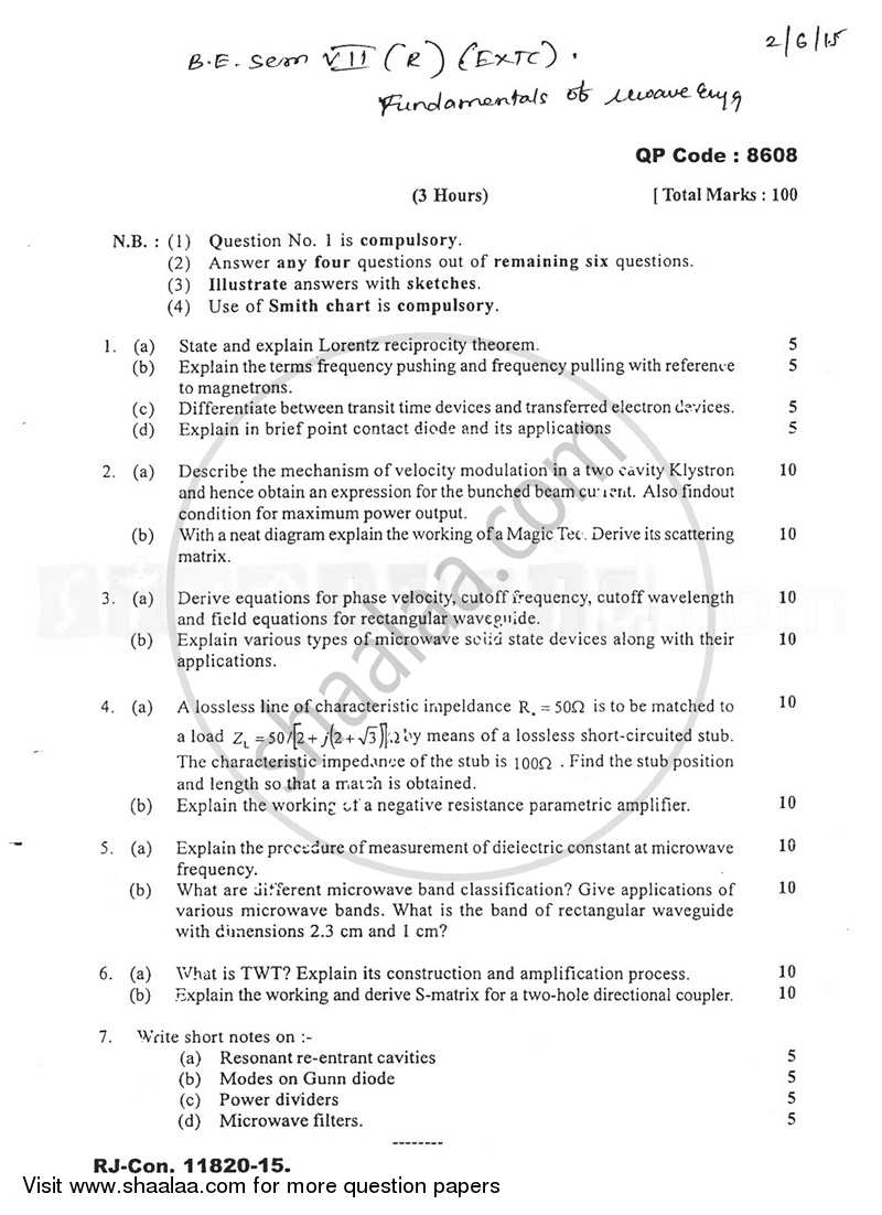 Fundamentals of Microwave Engineering 2014-2015 - B.E. - Semester 7 (BE Fourth Year) - University of Mumbai question paper with PDF download