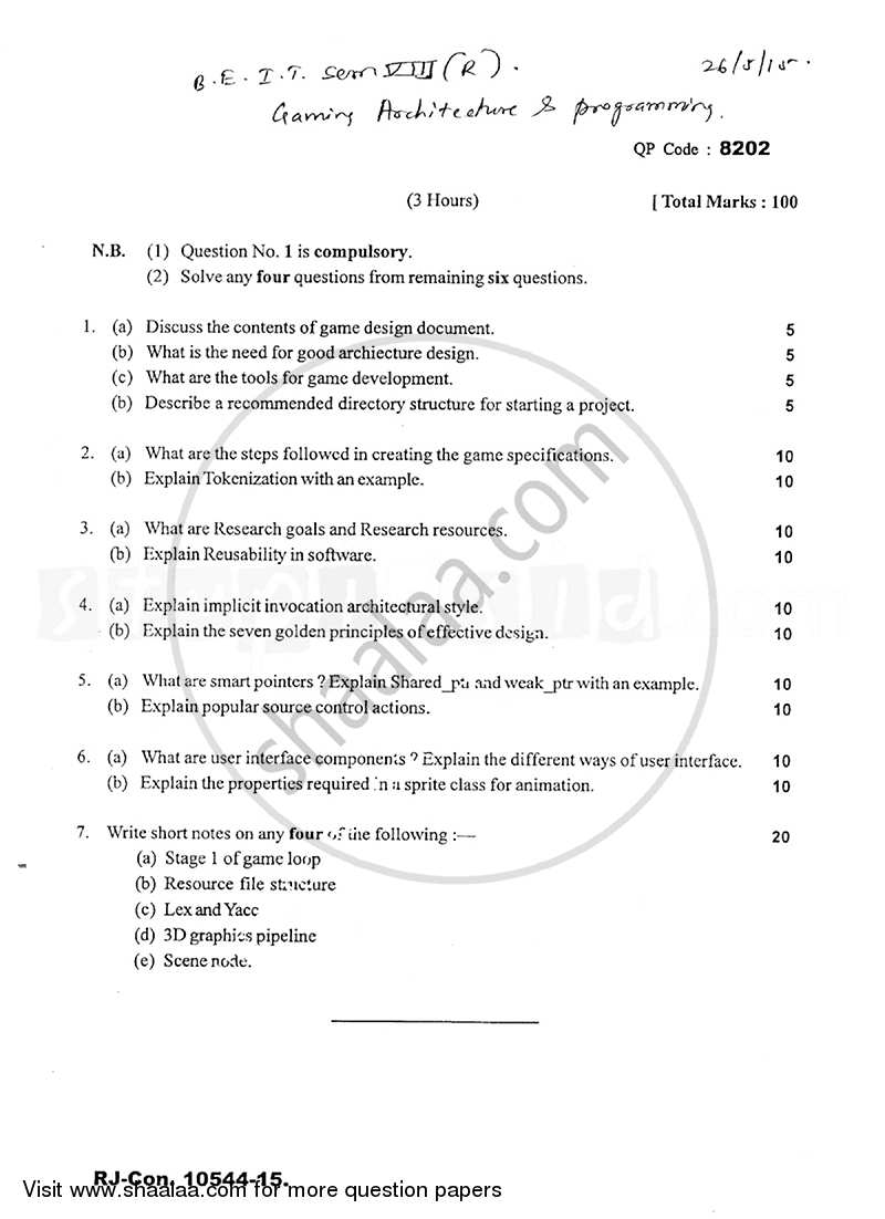 Gaming, Architecture and Programming 2014-2015 - B.E. - Semester 8 (BE Fourth Year) - University of Mumbai question paper with PDF download