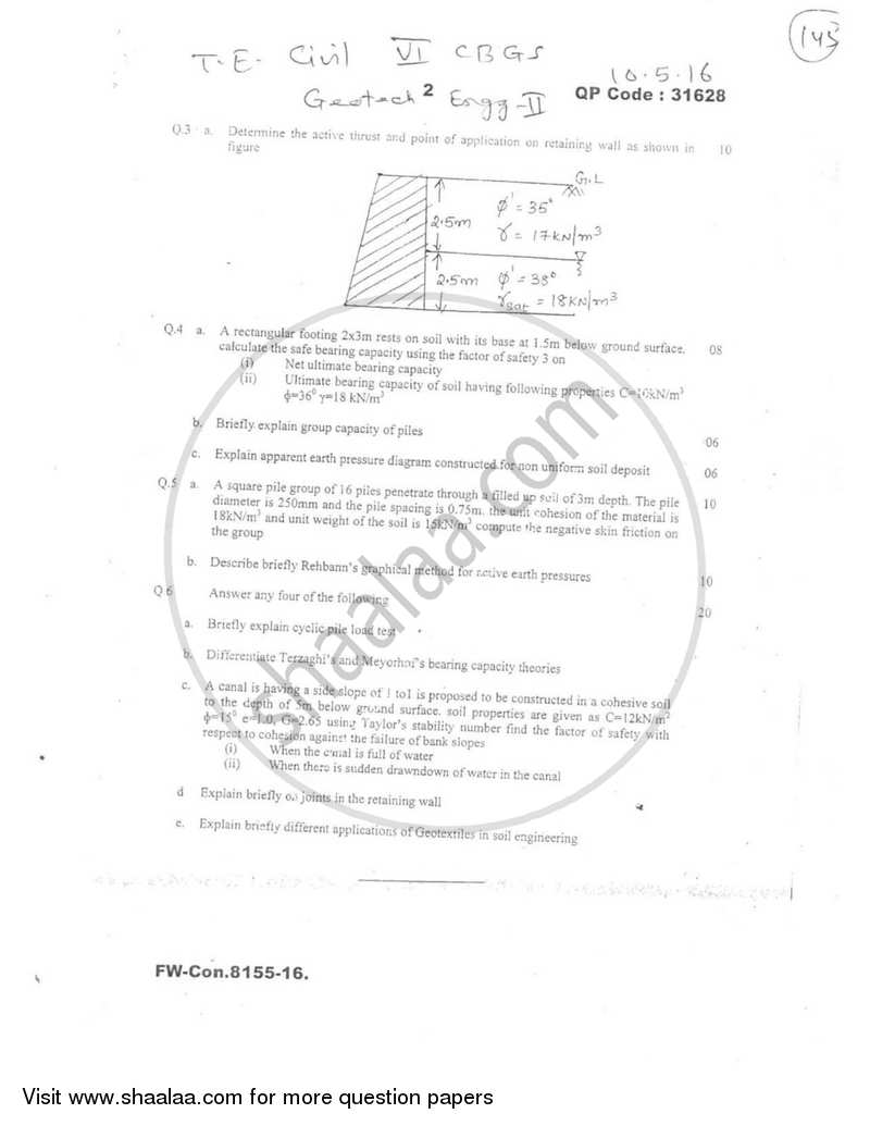 Geotechnical Engineering 2 2015-2016 - B.E. - Semester 6 (TE Third Year) - University of Mumbai question paper with PDF download
