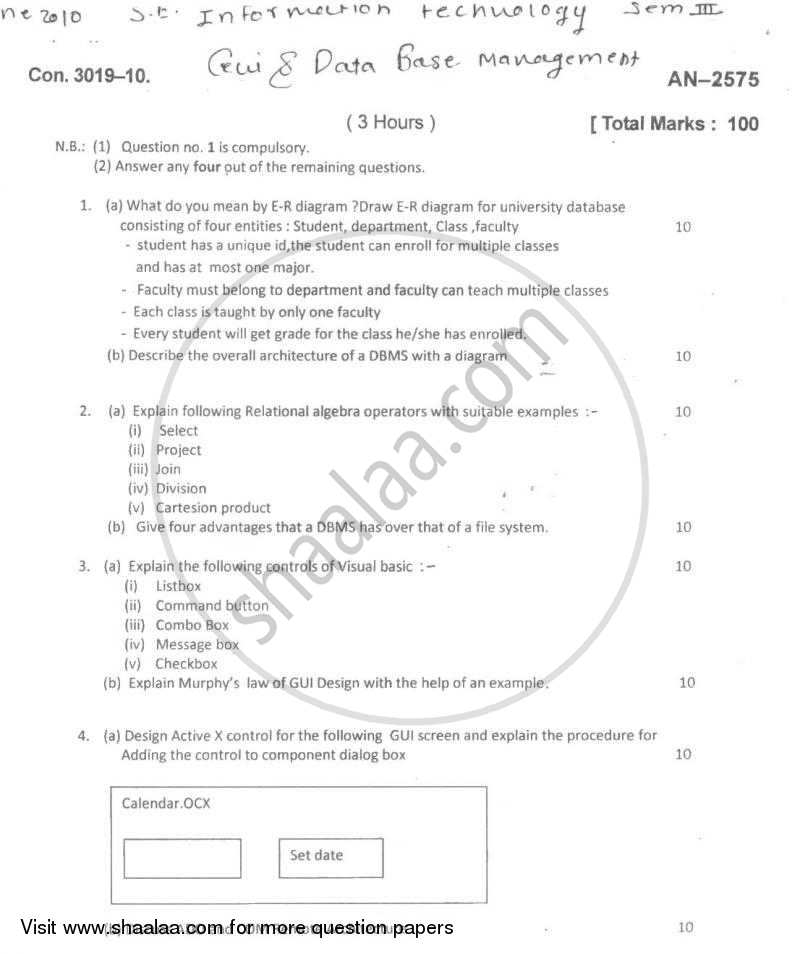 GUI and Database Management 2009-2010 - B.E. - Semester 3 (SE Second Year) - University of Mumbai question paper with PDF download