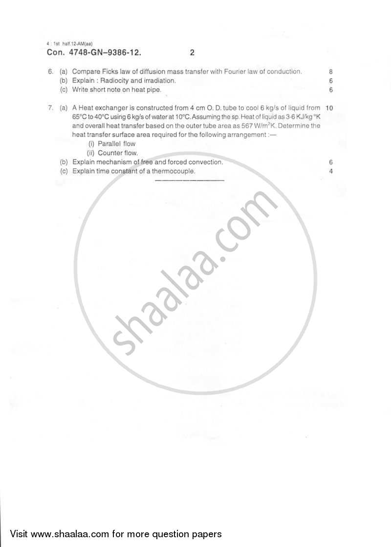 Heat and Mass Transfer 2011-2012 - B.E. - Semester 5 (TE Third Year) - University of Mumbai question paper with PDF download