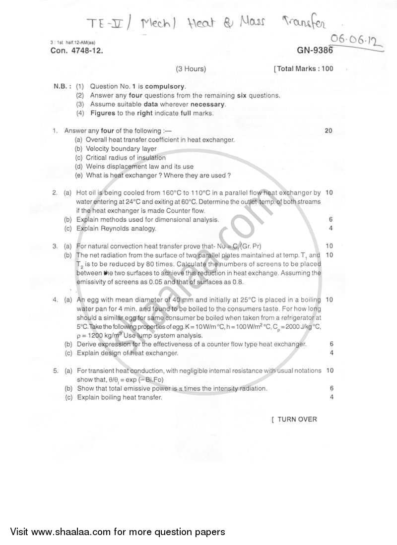 Heat and Mass Transfer 2011-2012 - B.E. - Semester 5 (TE Third Year) - University of Mumbai question paper with PDF download