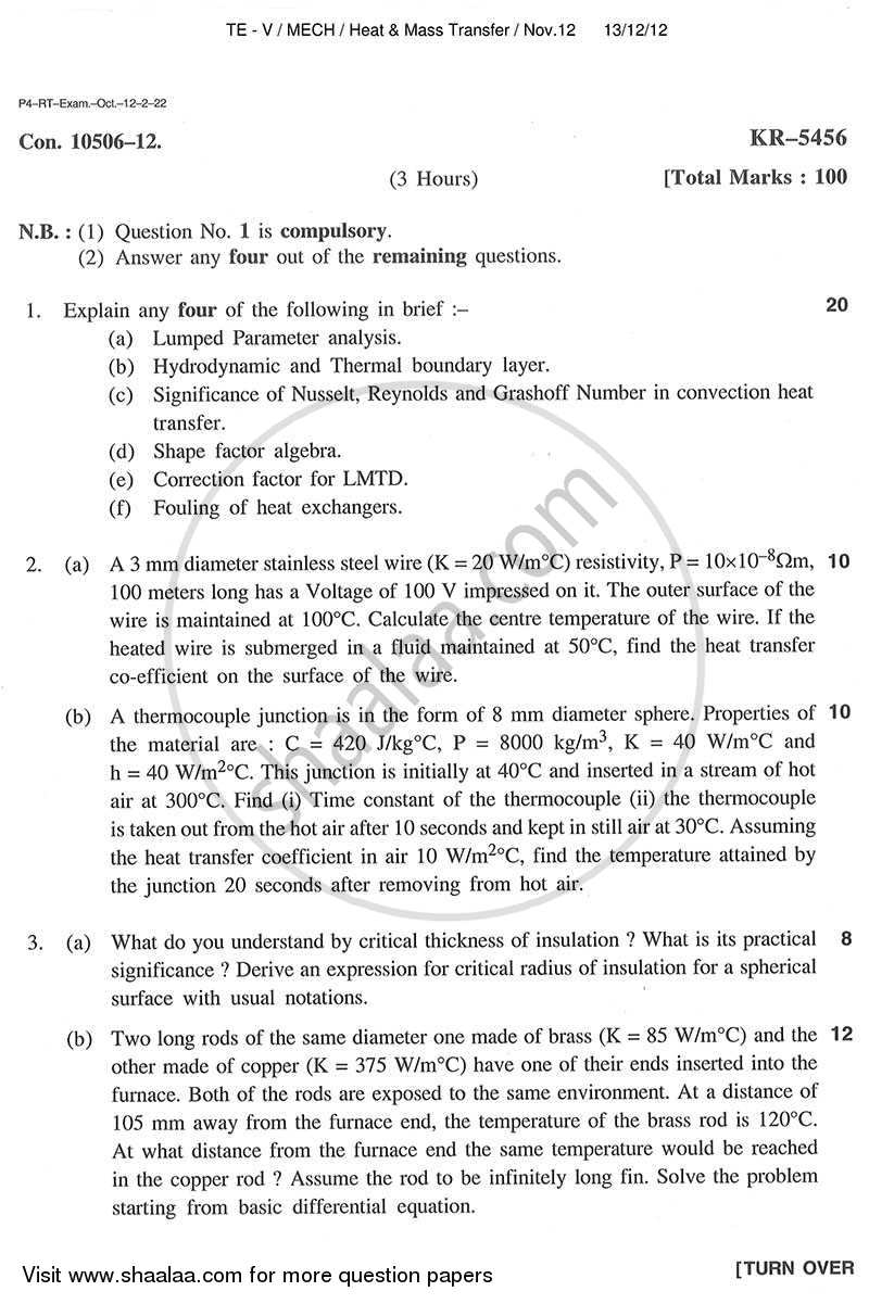 Heat and Mass Transfer 2012-2013 - B.E. - Semester 5 (TE Third Year) - University of Mumbai question paper with PDF download