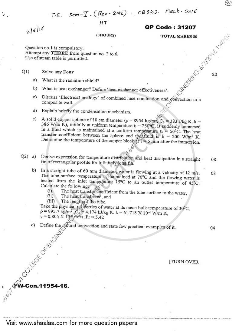 Heat Transfer 2015-2016 - B.E. - Semester 5 (TE Third Year) - University of Mumbai question paper with PDF download