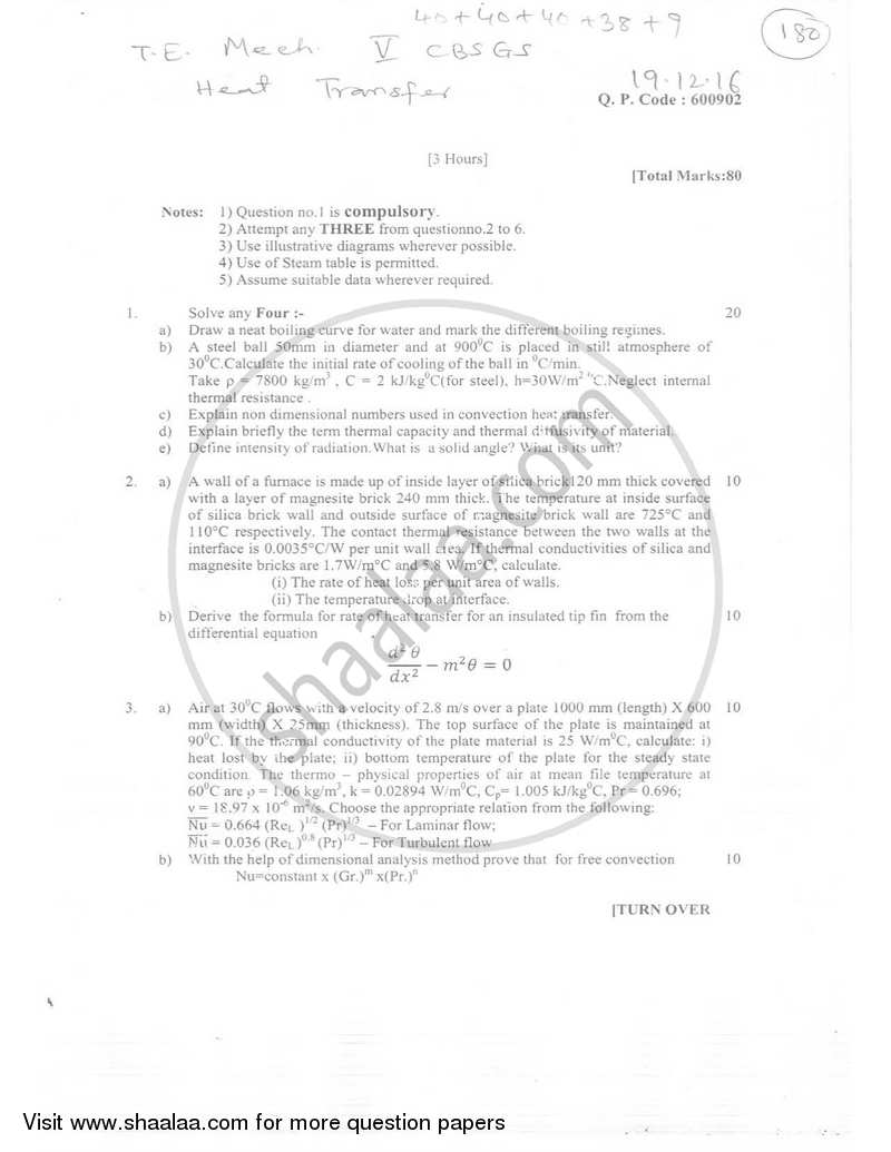Heat Transfer 2016-2017 - B.E. - Semester 5 (TE Third Year) - University of Mumbai question paper with PDF download