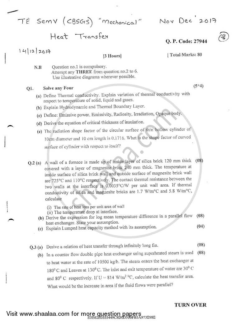 Heat Transfer 2017-2018 - B.E. - Semester 5 (TE Third Year) - University of Mumbai question paper with PDF download