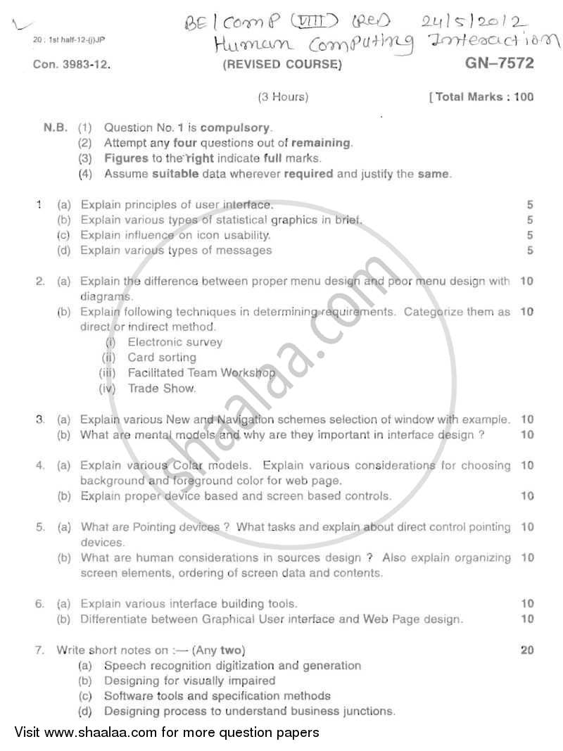 Human Computing Interaction 2011-2012 - B.E. - Semester 8 (BE Fourth Year) - University of Mumbai question paper with PDF download