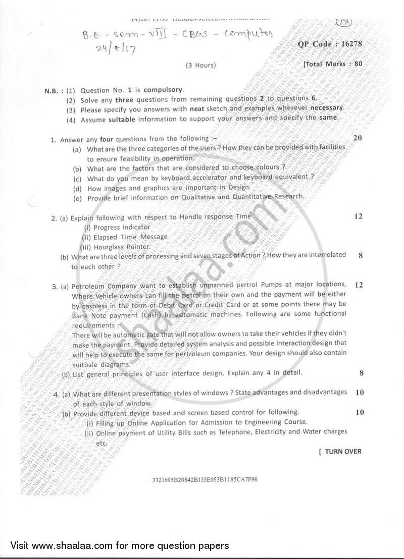 Human Machine Interaction 2016-2017 - B.E. - Semester 8 (BE Fourth Year) - University of Mumbai question paper with PDF download