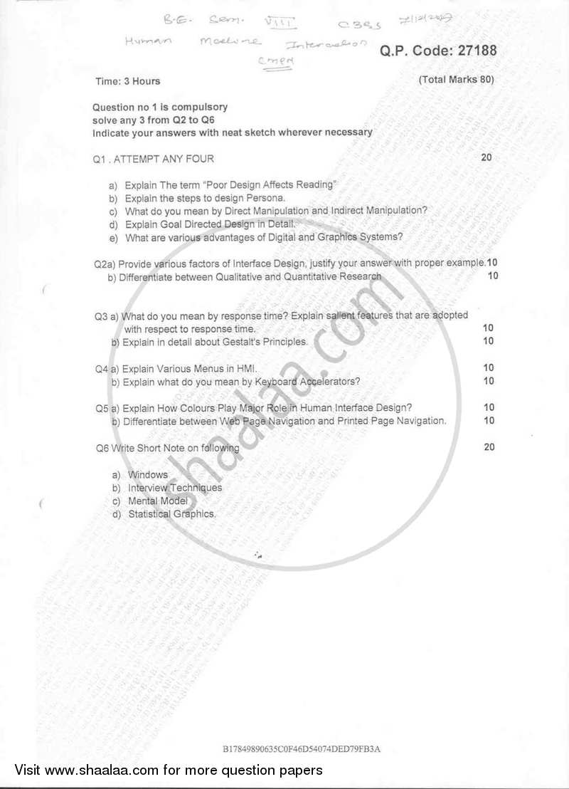 Human Machine Interaction 2017-2018 - B.E. - Semester 8 (BE Fourth Year) - University of Mumbai question paper with PDF download