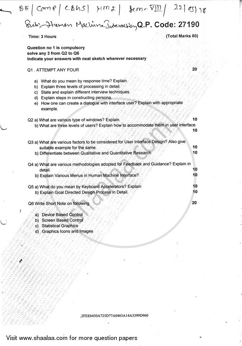 Human Machine Interaction 2017-2018 - B.E. - Semester 8 (BE Fourth Year) - University of Mumbai question paper with PDF download