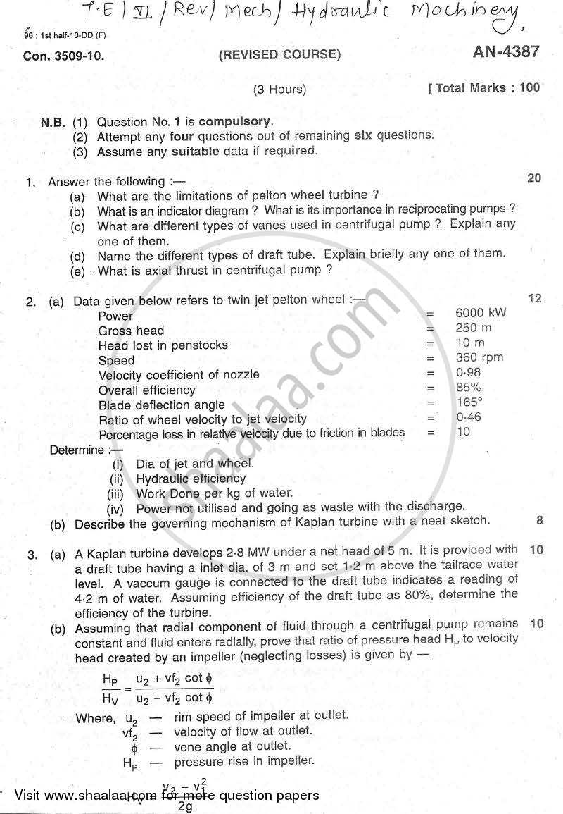 Hydraulic Machinery 2009-2010 - B.E. - Semester 6 (TE Third Year) - University of Mumbai question paper with PDF download