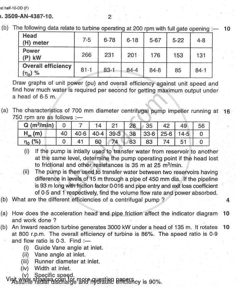Hydraulic Machinery 2009-2010 - B.E. - Semester 6 (TE Third Year) - University of Mumbai question paper with PDF download