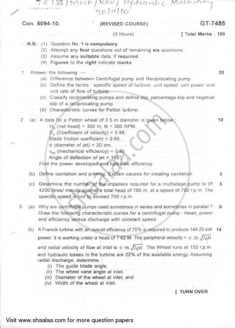 Hydraulic Machinery 2010-2011 - B.E. - Semester 6 (TE Third Year) - University of Mumbai question paper with PDF download