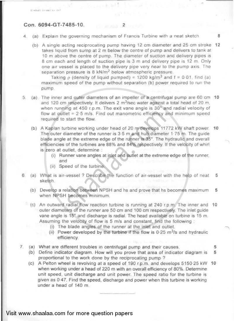 Hydraulic Machinery 2010-2011 - B.E. - Semester 6 (TE Third Year) - University of Mumbai question paper with PDF download