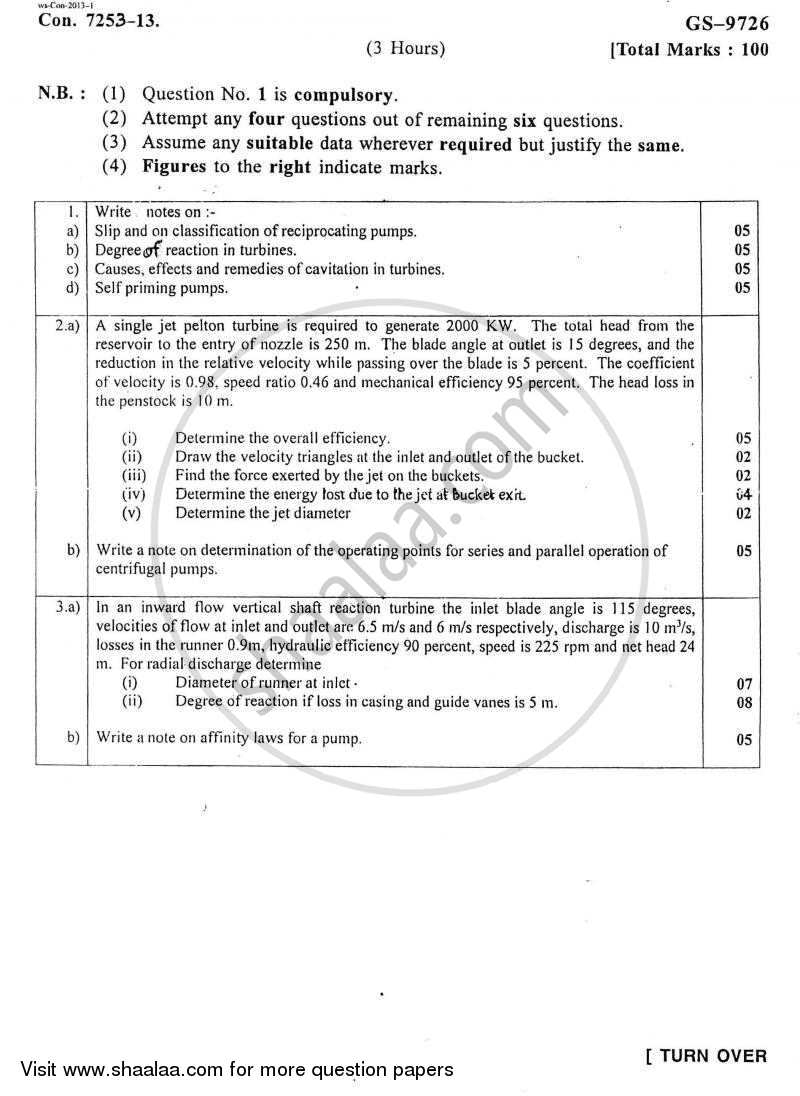Hydraulic Machinery 2012-2013 - B.E. - Semester 6 (TE Third Year) - University of Mumbai question paper with PDF download