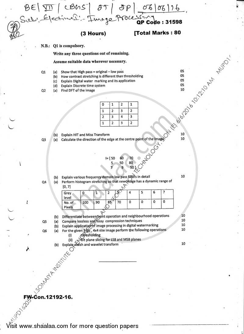 Image Processing 2015-2016 - B.E. - Semester 7 (BE Fourth Year) - University of Mumbai question paper with PDF download