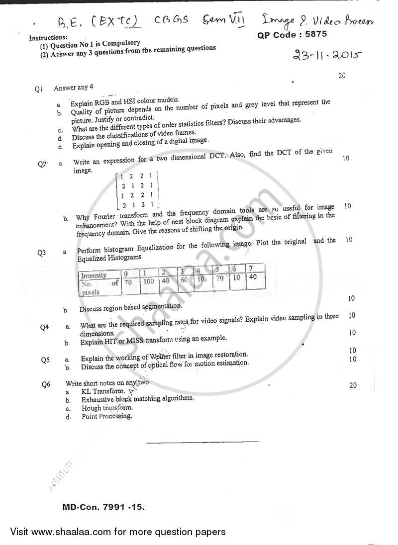 Image and Video Processing 2015-2016 - B.E. - Semester 7 (BE Fourth Year) - University of Mumbai question paper with PDF download