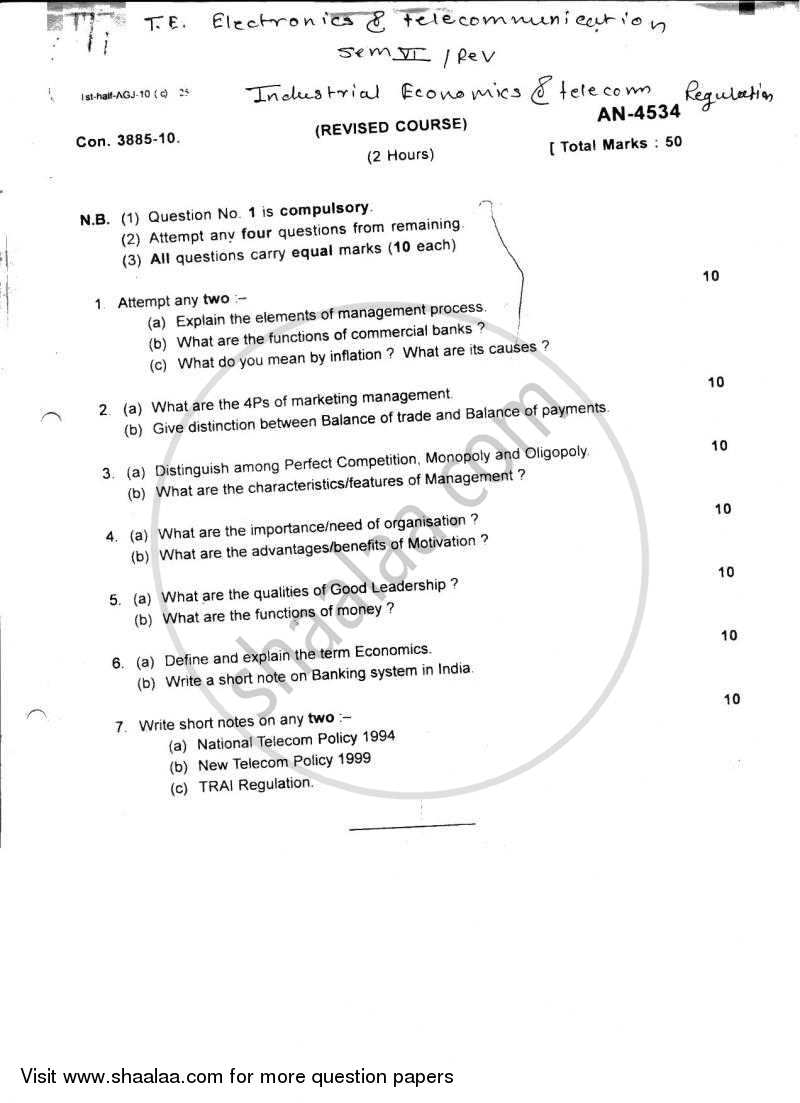 Industrial Economics and Telecom Regulation 2009-2010 - B.E. - Semester 6 (TE Third Year) - University of Mumbai question paper with PDF download