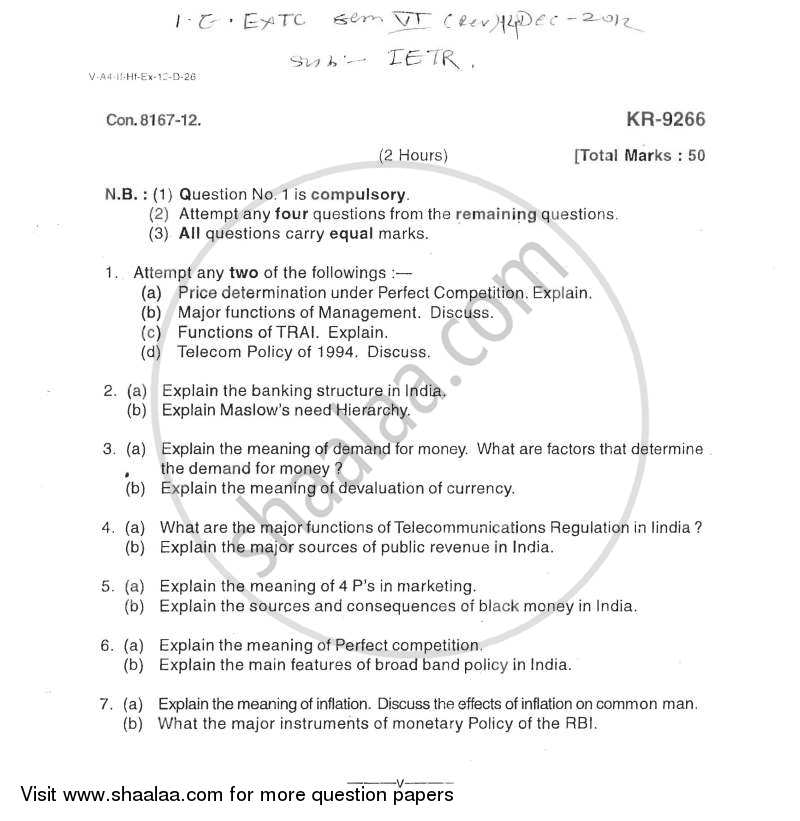 Industrial Economics and Telecom Regulation 2012-2013 - B.E. - Semester 6 (TE Third Year) - University of Mumbai question paper with PDF download