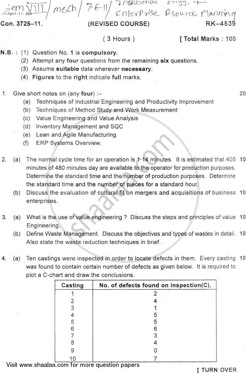 Industrial Engineering and Enterprise Resource Planning 2010-2011 - B.E. - Semester 8 (BE Fourth Year) - University of Mumbai question paper with PDF download