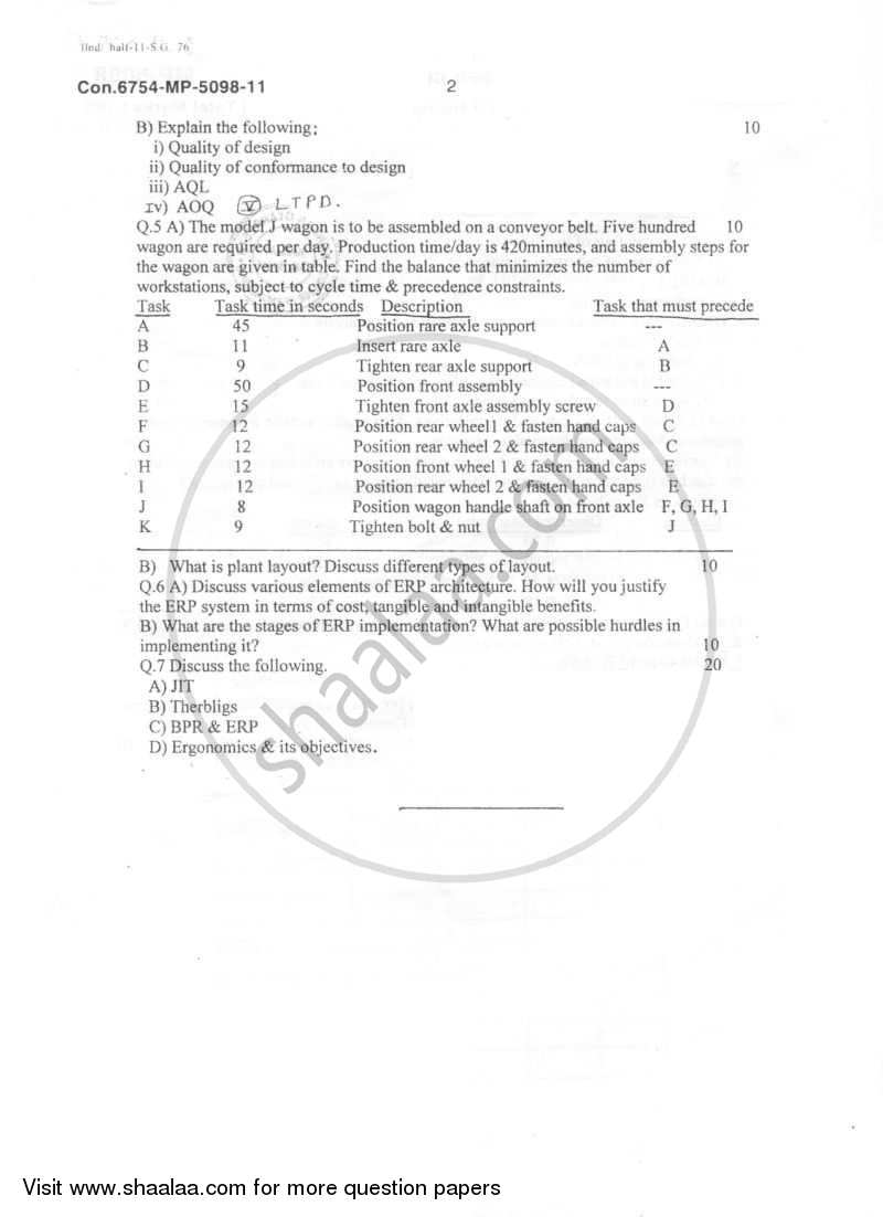 Industrial Engineering and Enterprise Resource Planning 2011-2012 - B.E. - Semester 8 (BE Fourth Year) - University of Mumbai question paper with PDF download