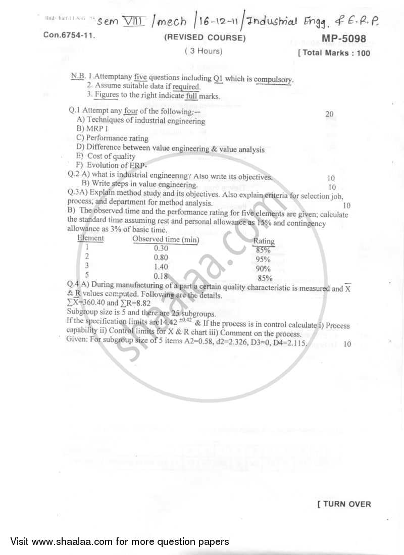 Industrial Engineering and Enterprise Resource Planning 2011-2012 - B.E. - Semester 8 (BE Fourth Year) - University of Mumbai question paper with PDF download