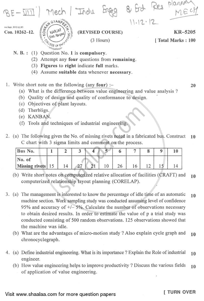Industrial Engineering and Enterprise Resource Planning 2012-2013 - B.E. - Semester 8 (BE Fourth Year) - University of Mumbai question paper with PDF download