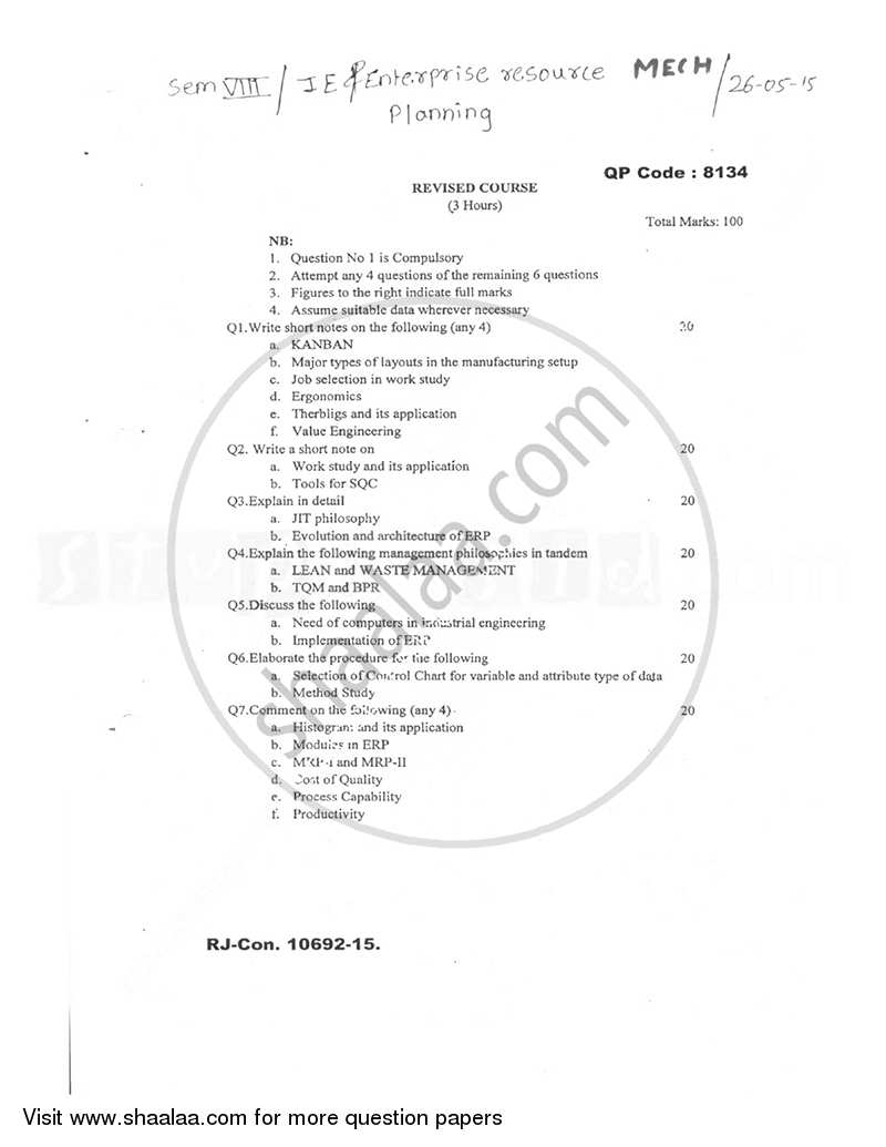Industrial Engineering and Enterprise Resource Planning 2014-2015 - B.E. - Semester 8 (BE Fourth Year) - University of Mumbai question paper with PDF download