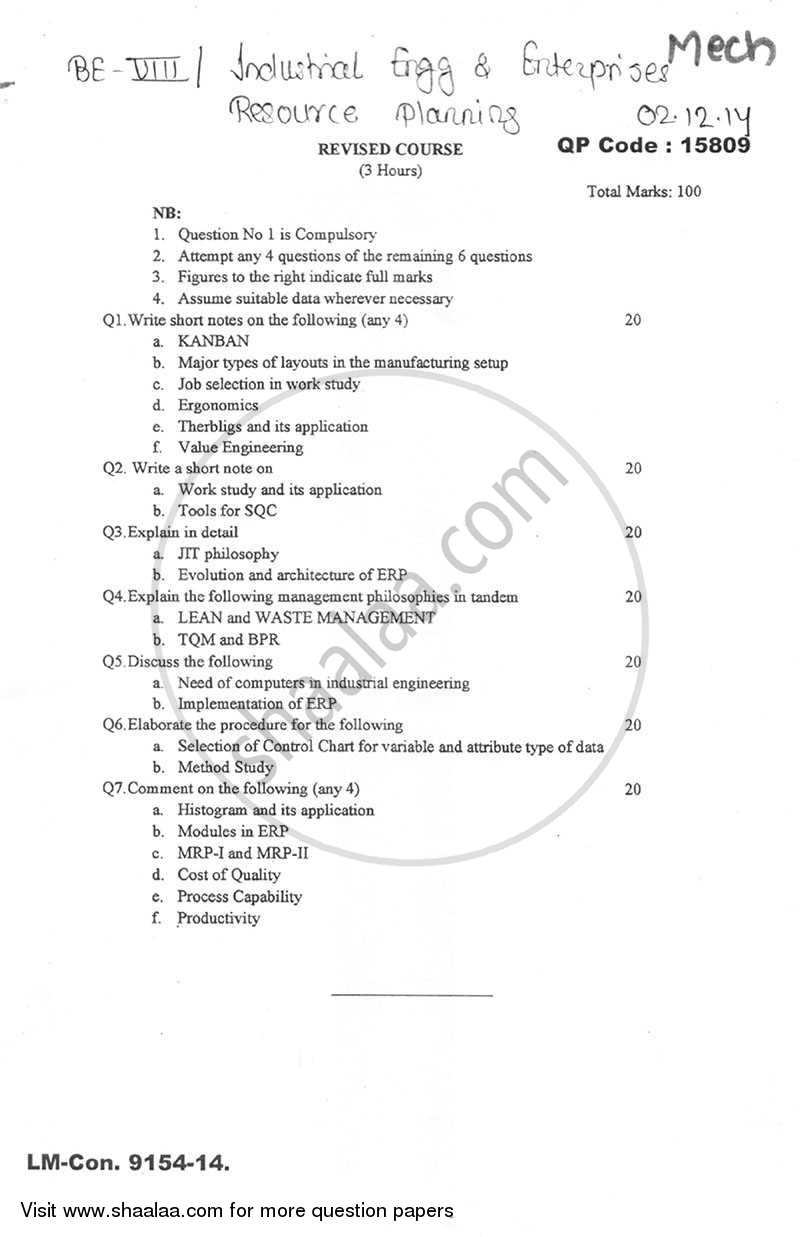 Industrial Engineering and Enterprise Resource Planning 2014-2015 - B.E. - Semester 8 (BE Fourth Year) - University of Mumbai question paper with PDF download