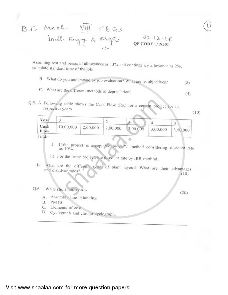 Industrial Engineering and Management 2016-2017 - B.E. - Semester 8 (BE Fourth Year) - University of Mumbai question paper with PDF download