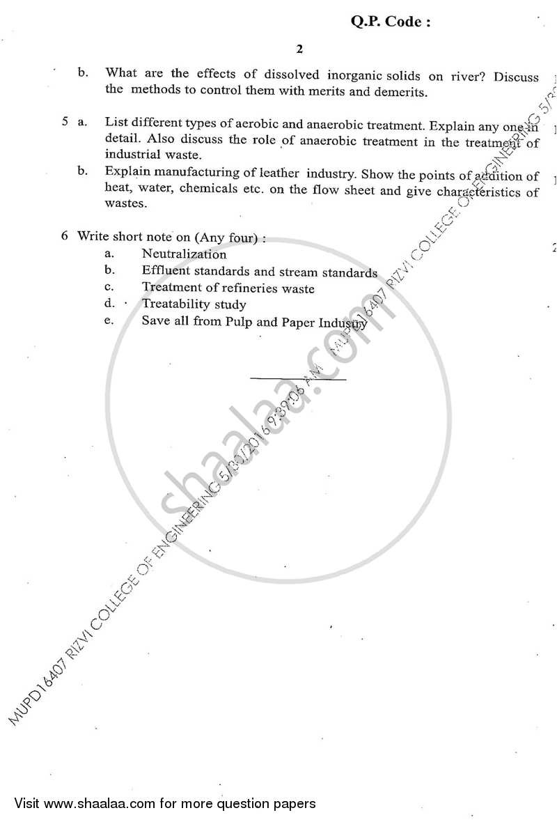 Industrial Waste Treatment 2015-2016 - B.E. - Semester 8 (BE Fourth Year) - University of Mumbai question paper with PDF download