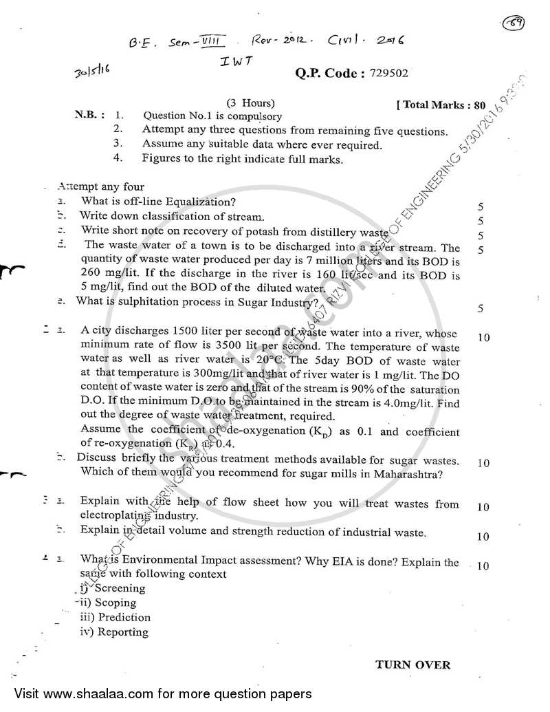 Industrial Waste Treatment 2015-2016 - B.E. - Semester 8 (BE Fourth Year) - University of Mumbai question paper with PDF download