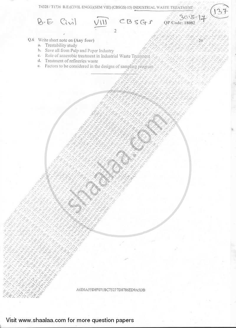 Industrial Waste Treatment 2016-2017 - B.E. - Semester 8 (BE Fourth Year) - University of Mumbai question paper with PDF download