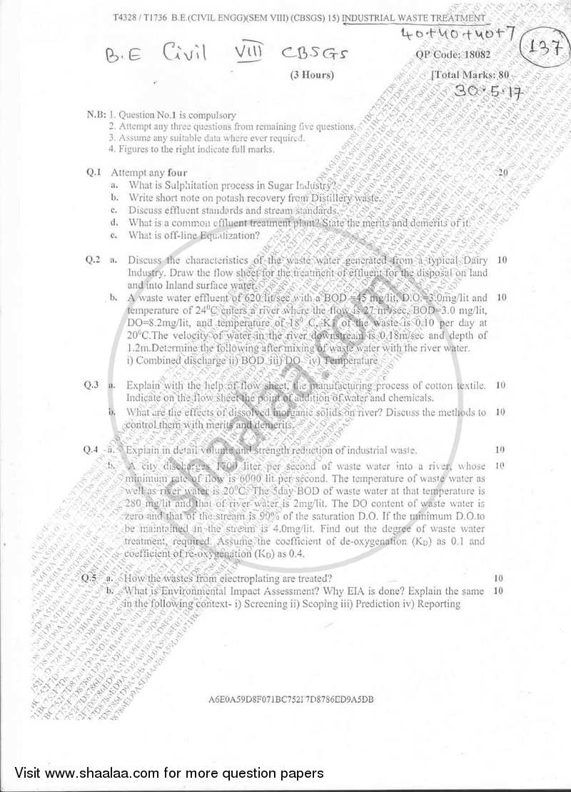 Industrial Waste Treatment 2016-2017 - B.E. - Semester 8 (BE Fourth Year) - University of Mumbai question paper with PDF download
