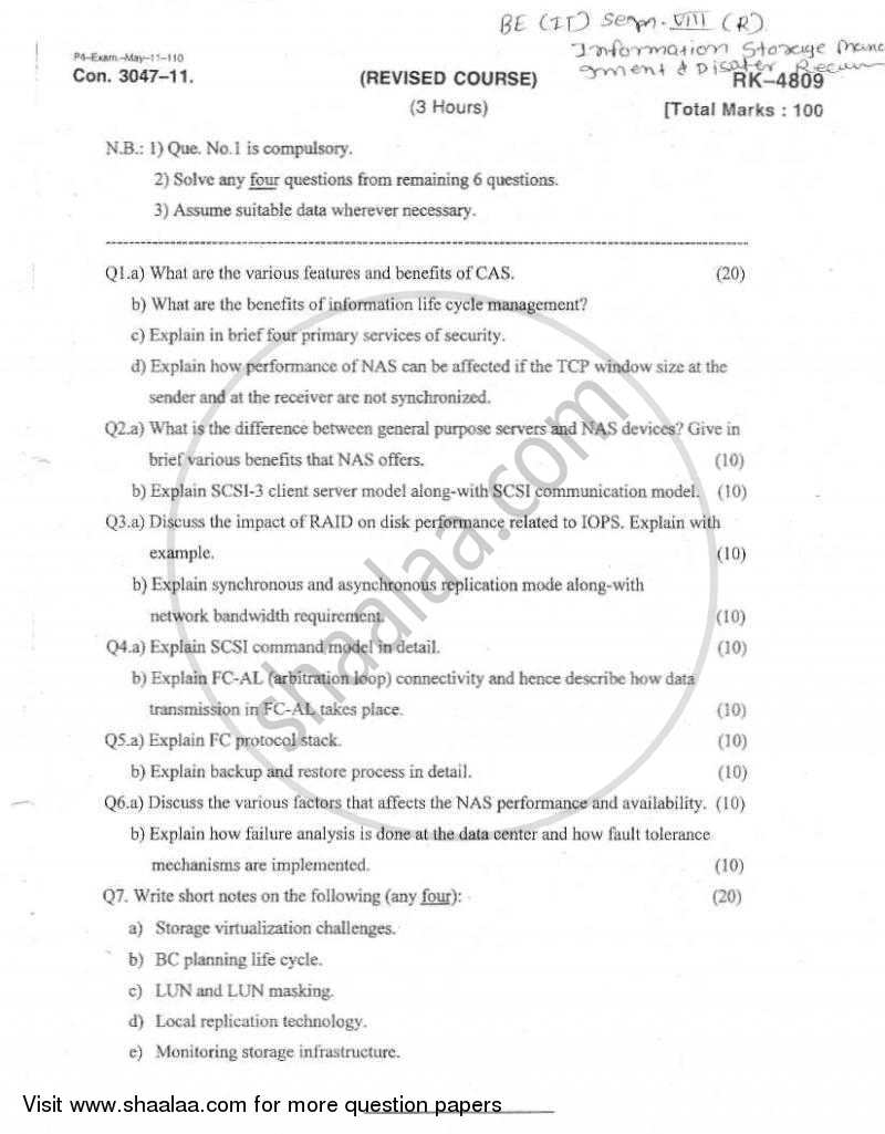Information Storage Management and Disaster Recovery 2010-2011 - B.E. - Semester 8 (BE Fourth Year) - University of Mumbai question paper with PDF download