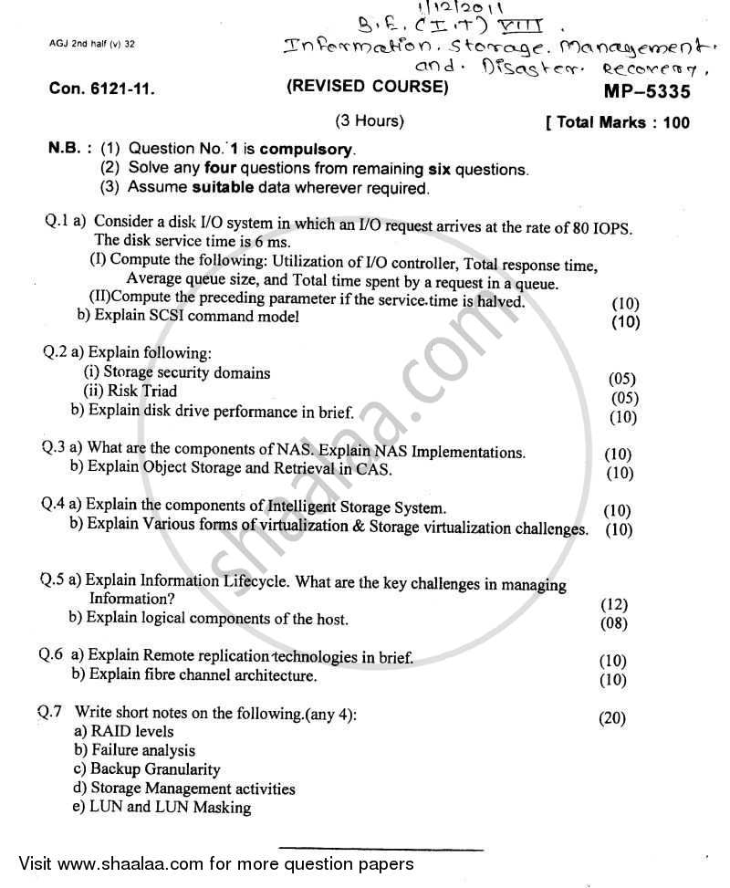 Information Storage Management and Disaster Recovery 2011-2012 - B.E. - Semester 8 (BE Fourth Year) - University of Mumbai question paper with PDF download