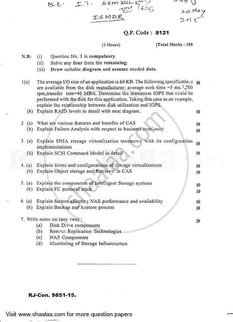 Information Storage Management and Disaster Recovery 2014-2015 - B.E. - Semester 8 (BE Fourth Year) - University of Mumbai question paper with PDF download